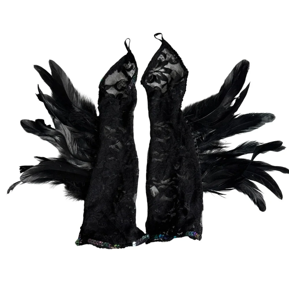 Black Gothic Lace Feather Fingerless Gloves Iridescent Sequin Whimsygoth